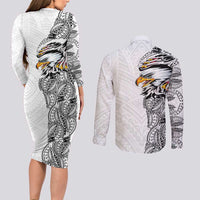 American Samoa Flag Day Couples Matching Long Sleeve Bodycon Dress and Long Sleeve Button Shirt Tribal Tattoo with Eagle White