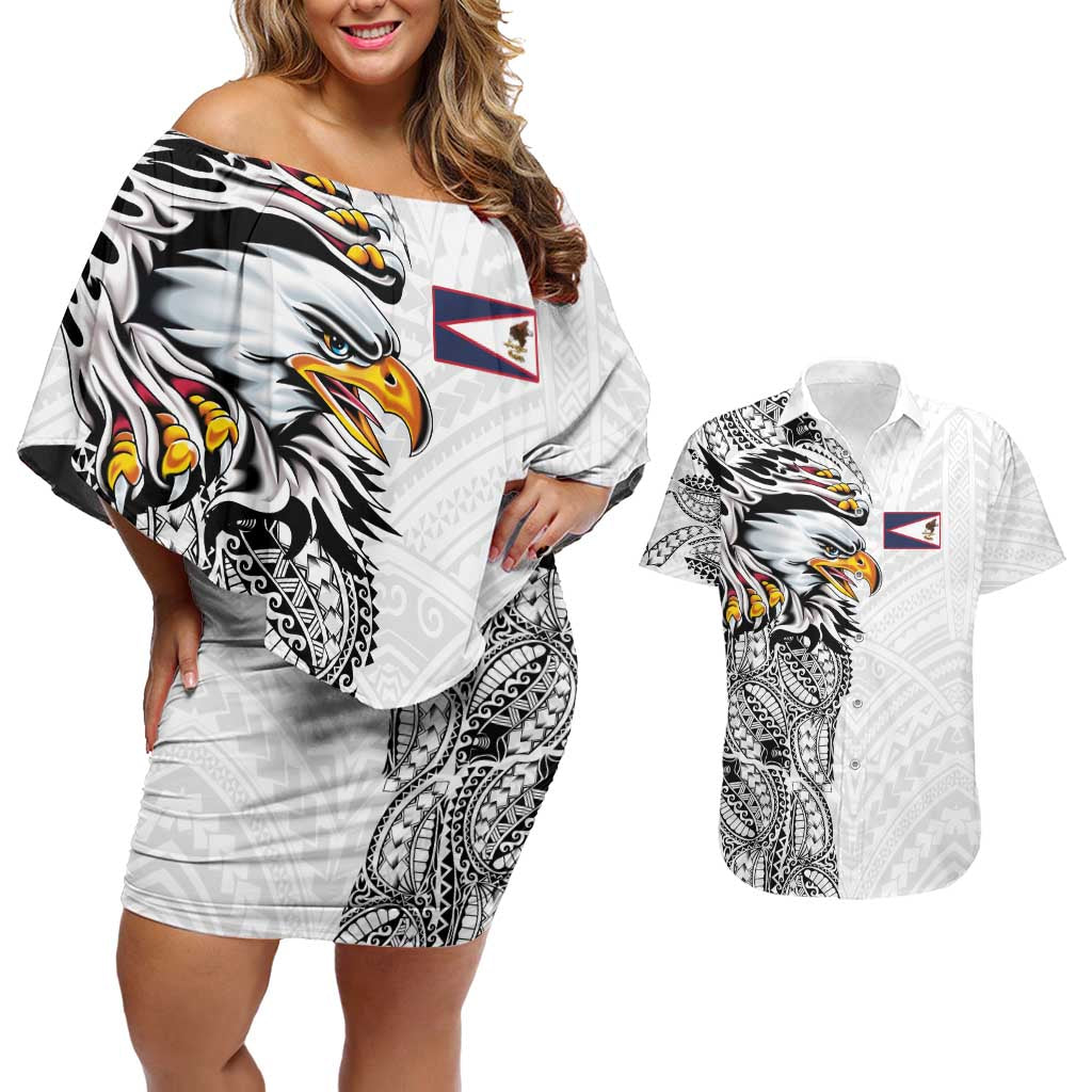 American Samoa Flag Day Couples Matching Off Shoulder Short Dress and Hawaiian Shirt Tribal Tattoo with Eagle White