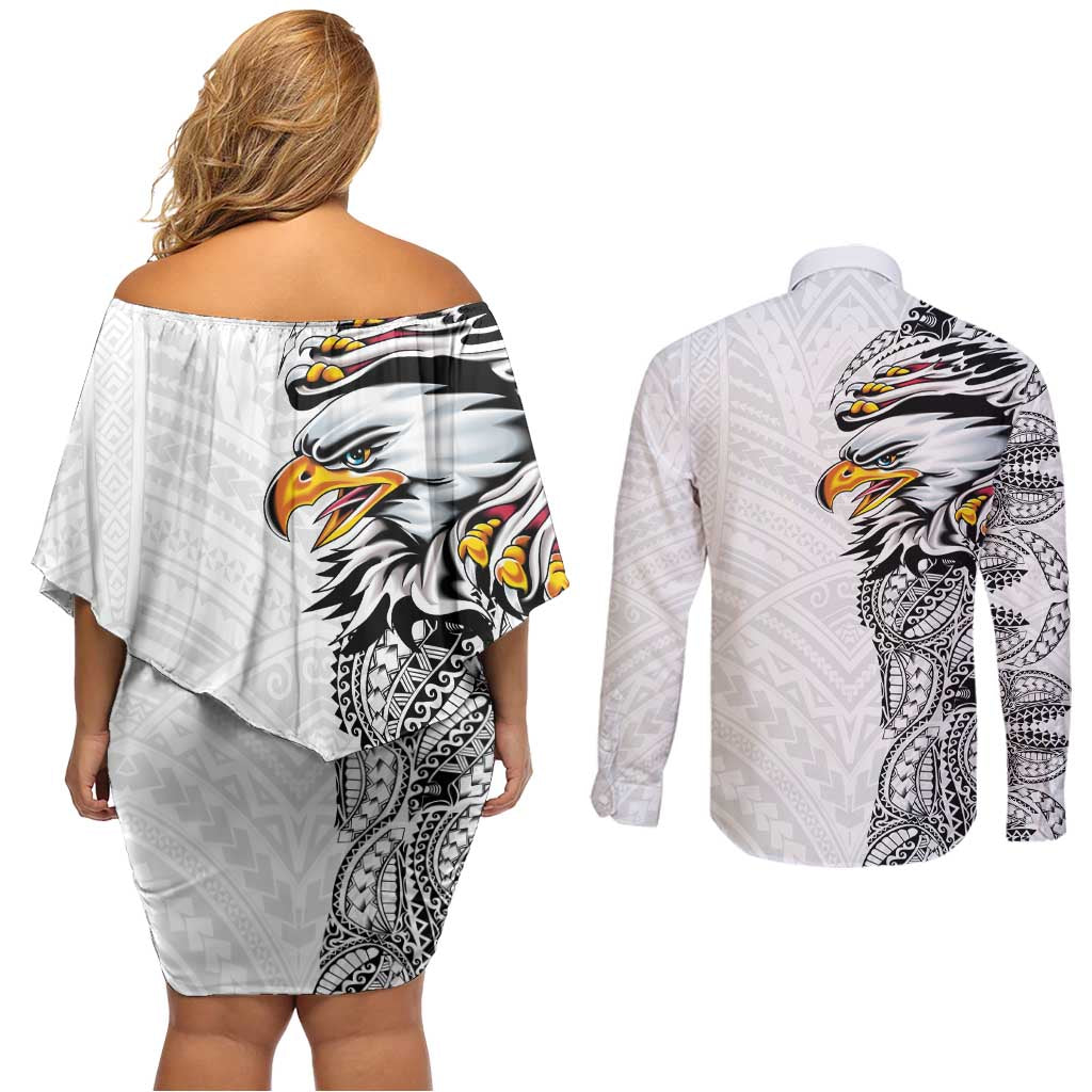 American Samoa Flag Day Couples Matching Off Shoulder Short Dress and Long Sleeve Button Shirt Tribal Tattoo with Eagle White