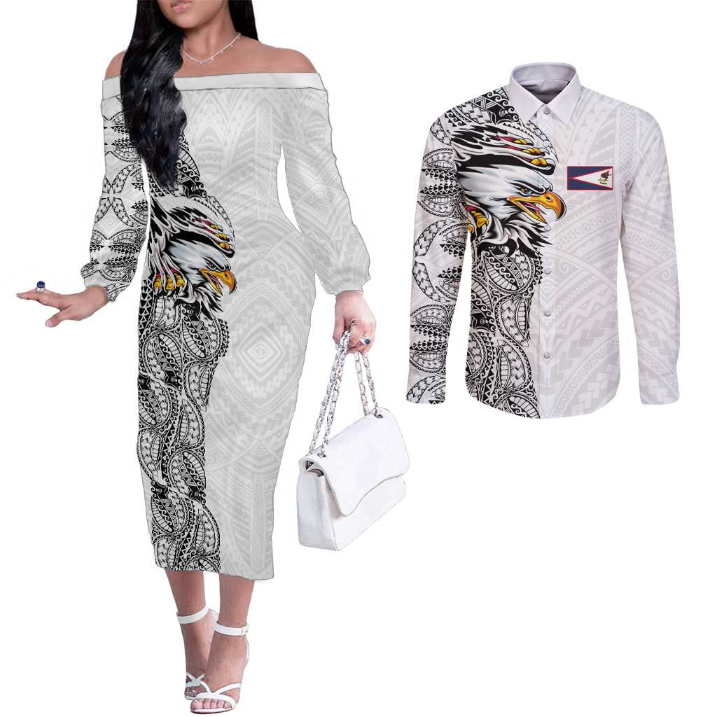 American Samoa Flag Day Couples Matching Off The Shoulder Long Sleeve Dress and Long Sleeve Button Shirt Tribal Tattoo with Eagle White