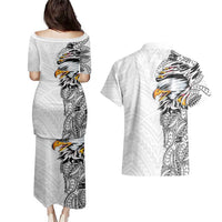 American Samoa Flag Day Couples Matching Puletasi and Hawaiian Shirt Tribal Tattoo with Eagle White