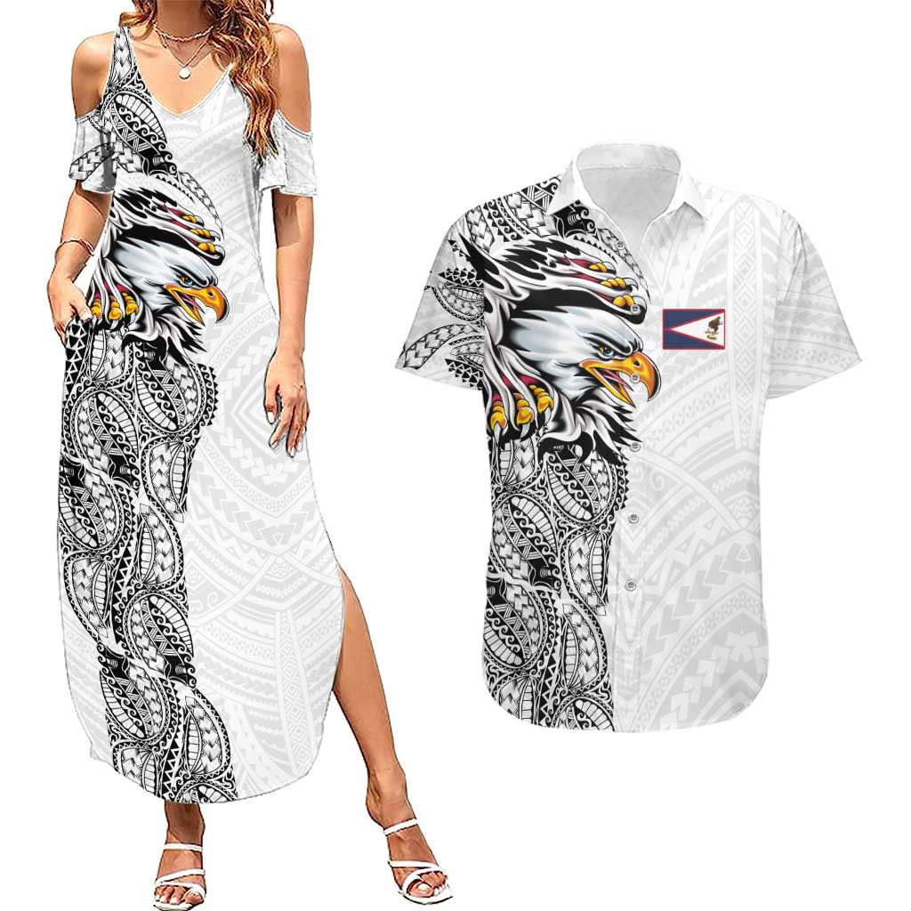 American Samoa Flag Day Couples Matching Summer Maxi Dress and Hawaiian Shirt Tribal Tattoo with Eagle White
