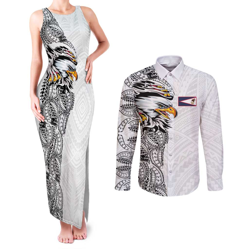 American Samoa Flag Day Couples Matching Tank Maxi Dress and Long Sleeve Button Shirt Tribal Tattoo with Eagle White
