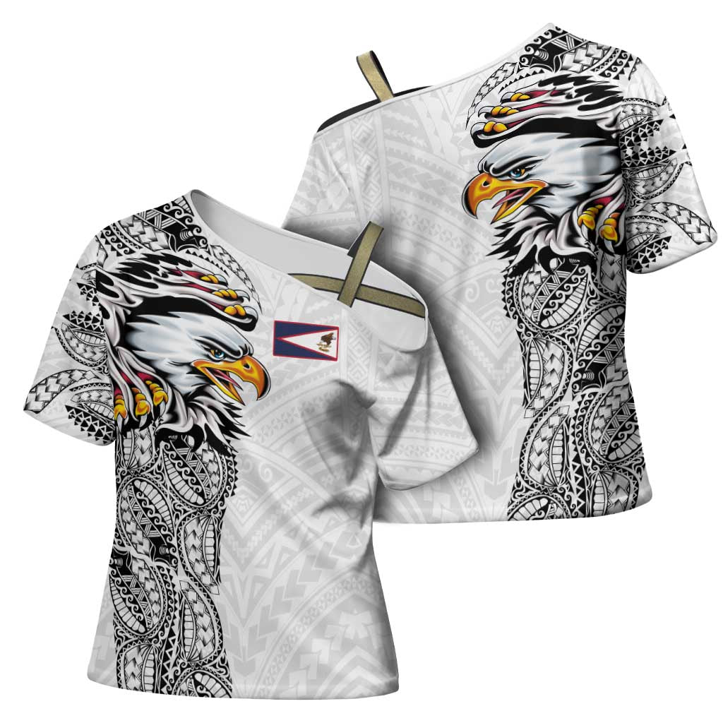 American Samoa Flag Day Cross Shoulder Shirt Tribal Tattoo with Eagle White