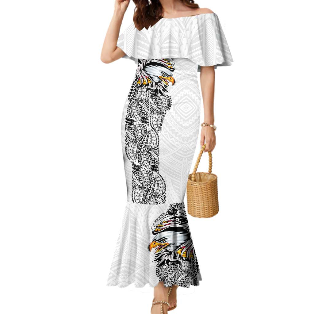 American Samoa Flag Day Family Matching Mermaid Dress and Hawaiian Shirt Tribal Tattoo with Eagle White LT03 Mom's Dress White - Polynesian Pride