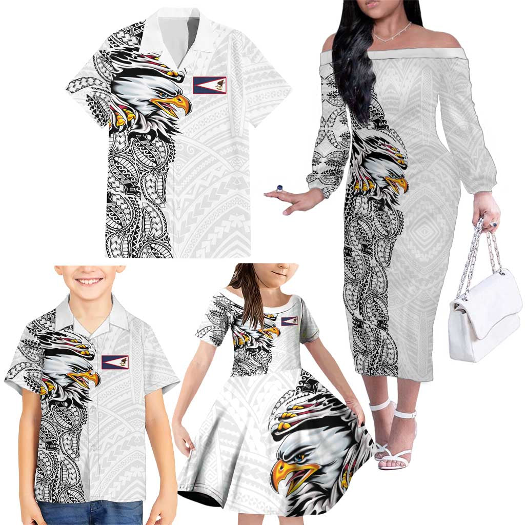 American Samoa Flag Day Family Matching Off The Shoulder Long Sleeve Dress and Hawaiian Shirt Tribal Tattoo with Eagle White LT03 - Polynesian Pride
