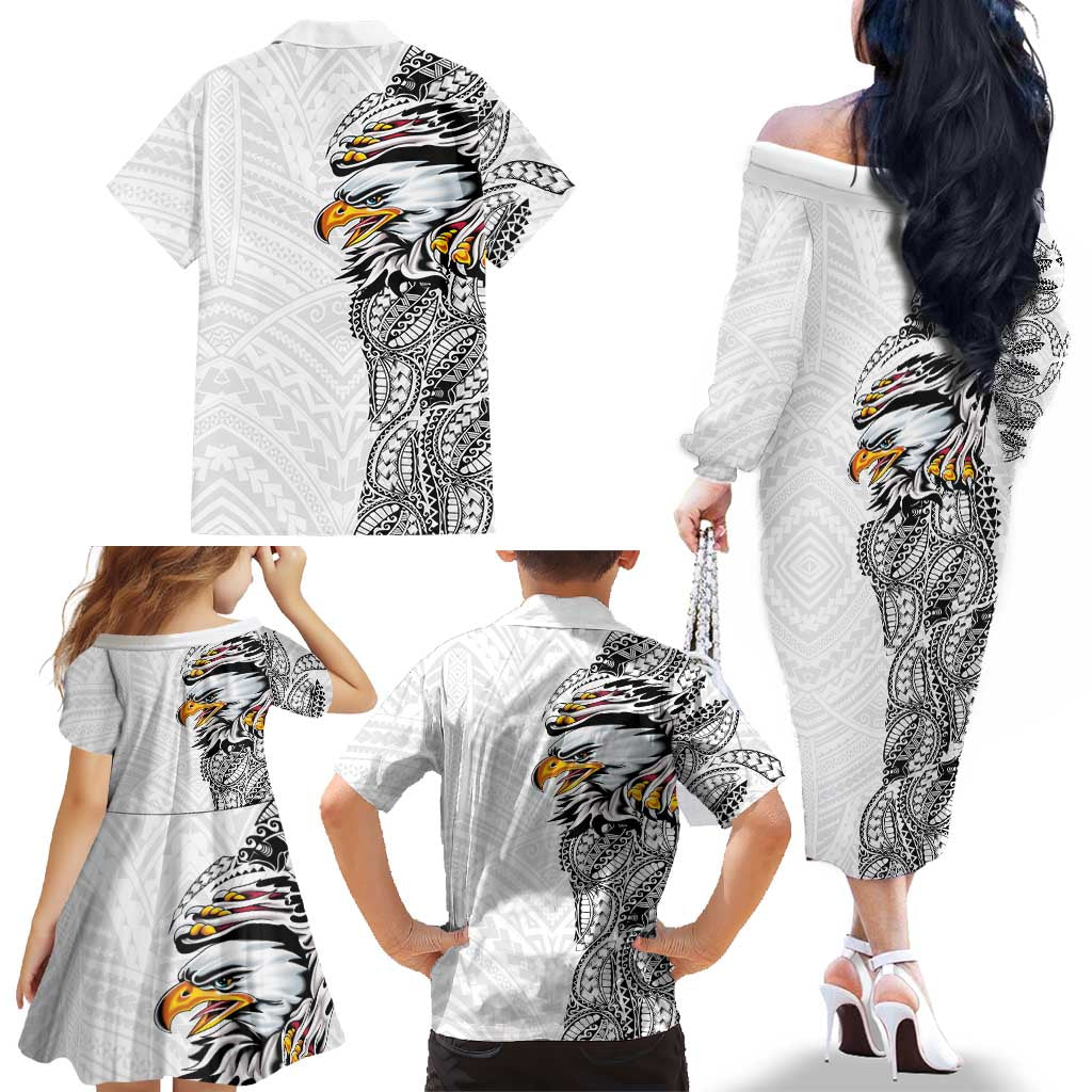 American Samoa Flag Day Family Matching Off The Shoulder Long Sleeve Dress and Hawaiian Shirt Tribal Tattoo with Eagle White LT03 - Polynesian Pride