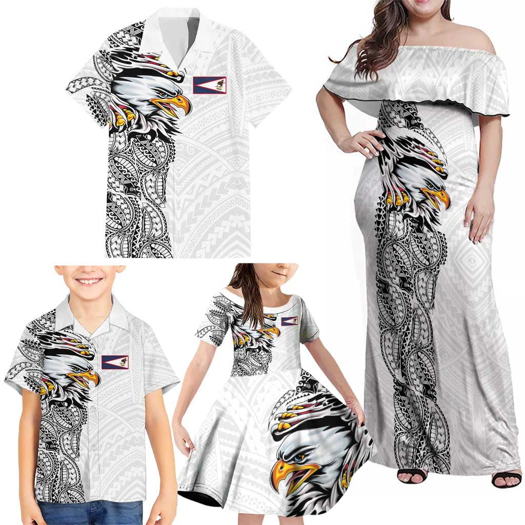 American Samoa Flag Day Family Matching Off Shoulder Maxi Dress and Hawaiian Shirt Tribal Tattoo with Eagle White