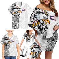 American Samoa Flag Day Family Matching Off Shoulder Short Dress and Hawaiian Shirt Tribal Tattoo with Eagle White