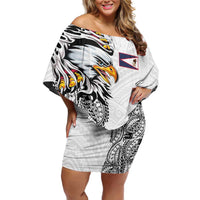 American Samoa Flag Day Family Matching Off Shoulder Short Dress and Hawaiian Shirt Tribal Tattoo with Eagle White