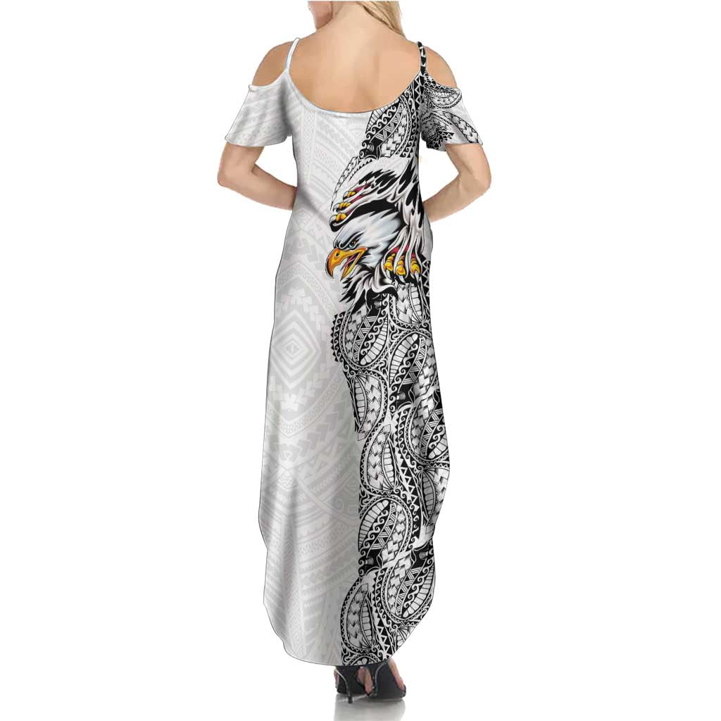 American Samoa Flag Day Family Matching Summer Maxi Dress and Hawaiian Shirt Tribal Tattoo with Eagle White