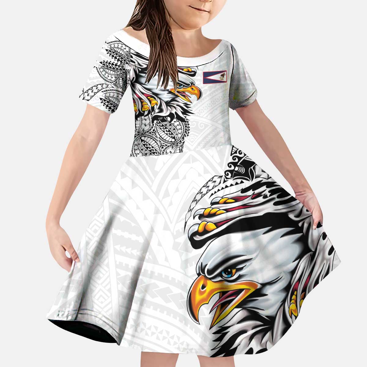 American Samoa Flag Day Kid Short Sleeve Dress Tribal Tattoo with Eagle White