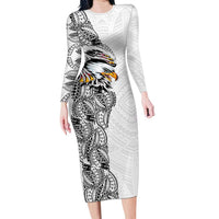 American Samoa Flag Day Long Sleeve Bodycon Dress Tribal Tattoo with Eagle White