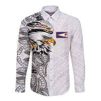 American Samoa Flag Day Long Sleeve Button Shirt Tribal Tattoo with Eagle White