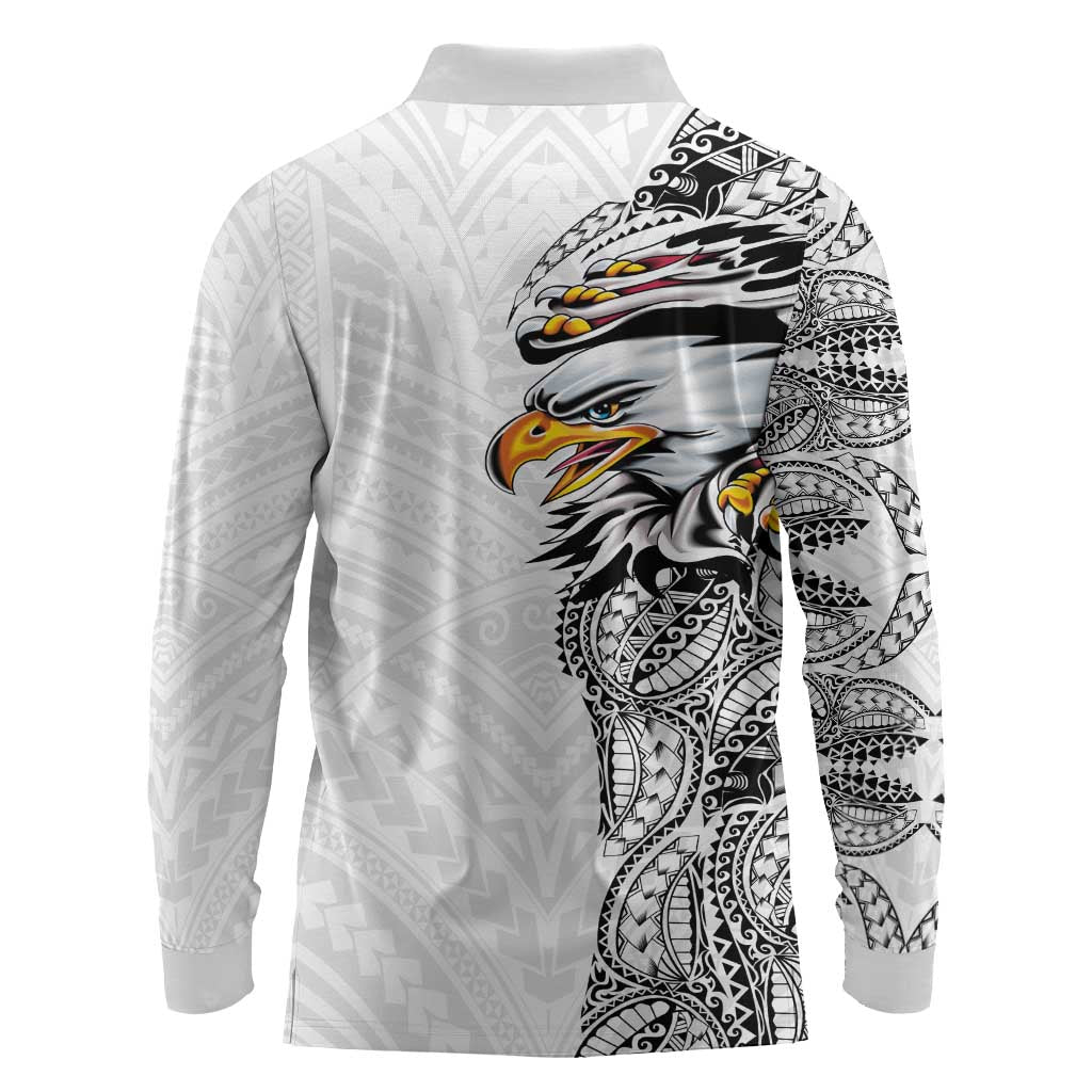American Samoa Flag Day Long Sleeve Polo Shirt Tribal Tattoo with Eagle White