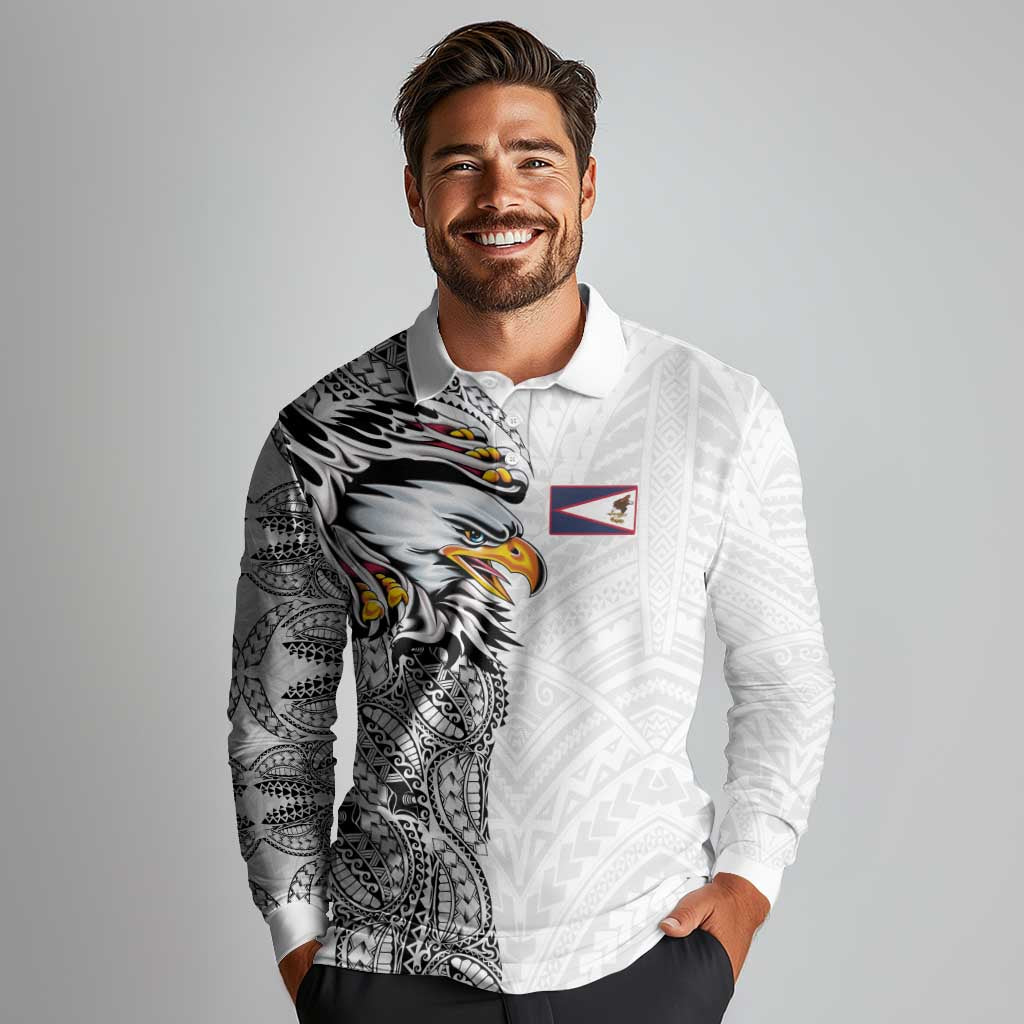 American Samoa Flag Day Long Sleeve Polo Shirt Tribal Tattoo with Eagle White