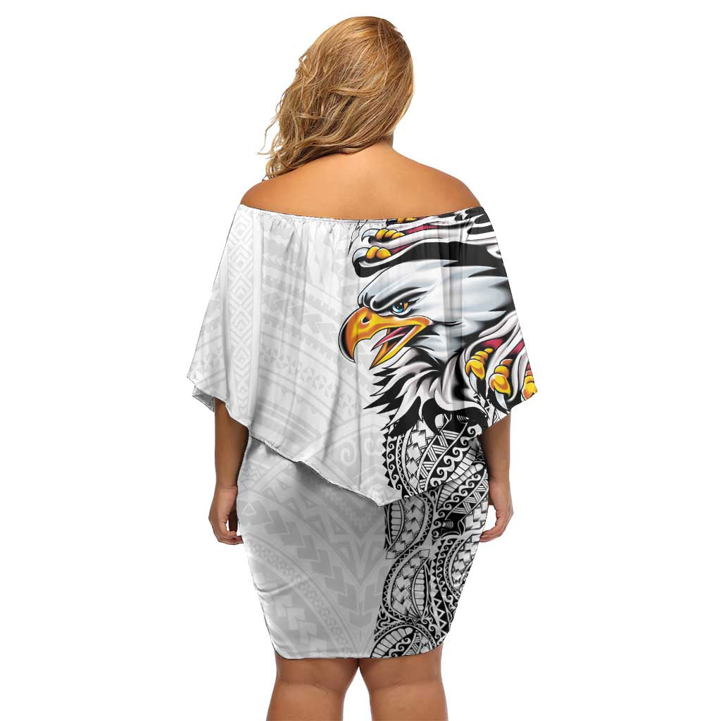 American Samoa Flag Day Off Shoulder Short Dress Tribal Tattoo with Eagle White