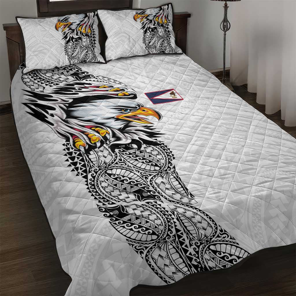 American Samoa Flag Day Quilt Bed Set Tribal Tattoo with Eagle White