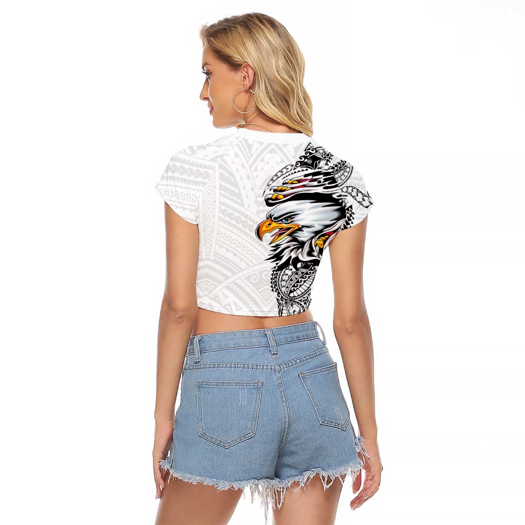 American Samoa Flag Day Raglan Cropped T Shirt Tribal Tattoo with Eagle White