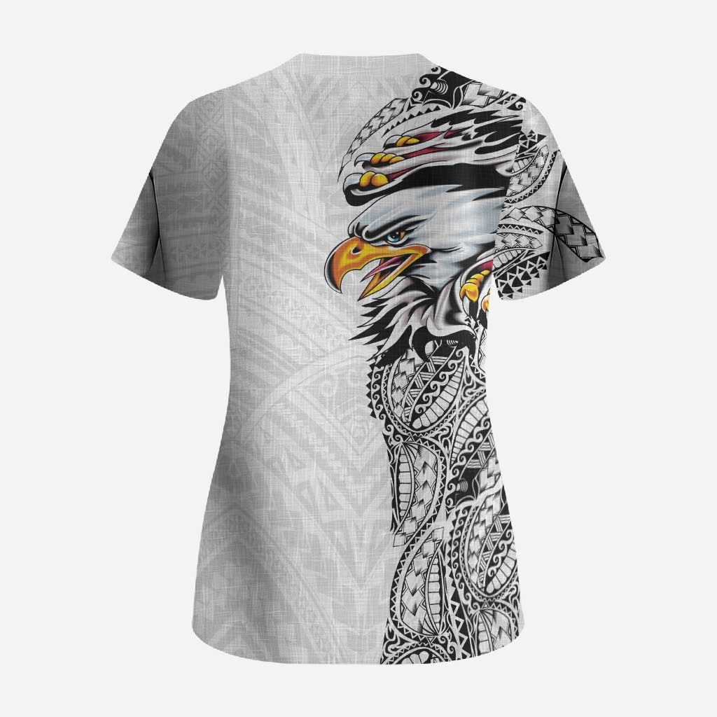 American Samoa Flag Day Scrub Top Tribal Tattoo with Eagle White