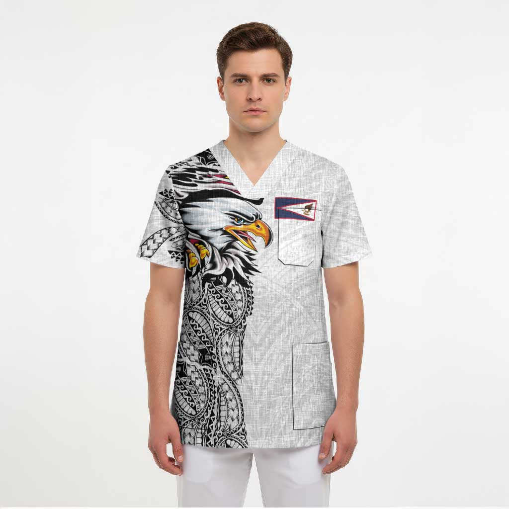 American Samoa Flag Day Scrub Top Tribal Tattoo with Eagle White