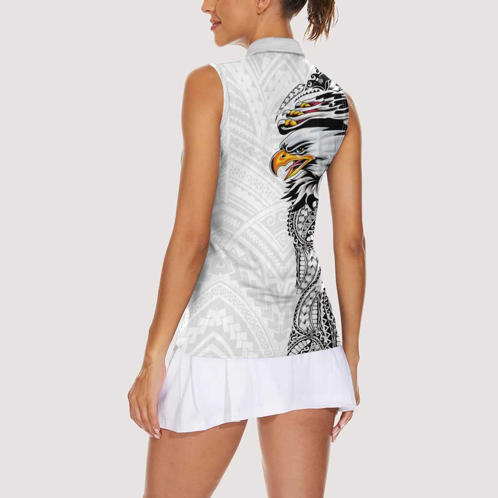 American Samoa Flag Day Women Sleeveless Polo Shirt Tribal Tattoo with Eagle White