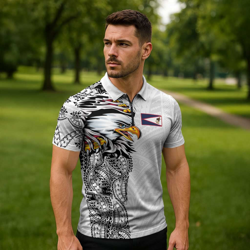 American Samoa Flag Day Zipper Polo Shirt Tribal Tattoo with Eagle White