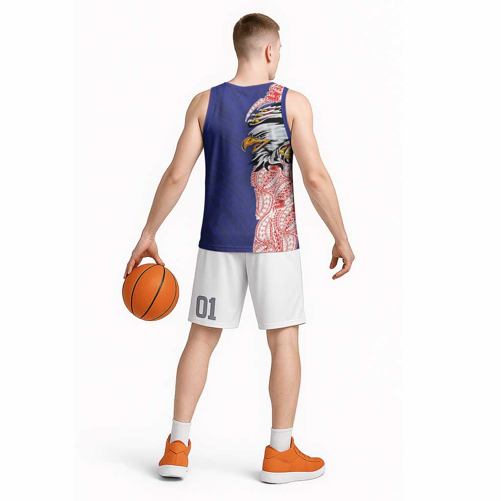 American Samoa Flag Day Basketball Jersey Tribal Tattoo with Eagle Blue-Red