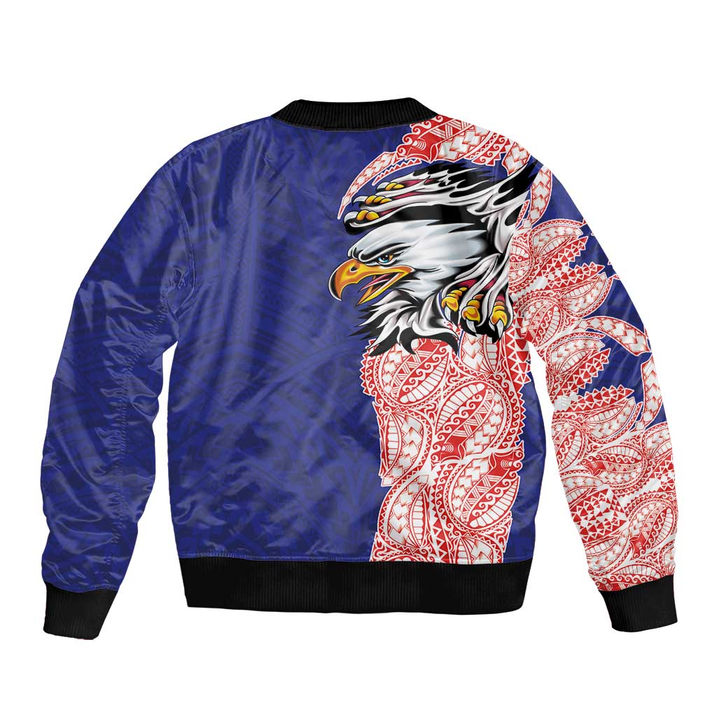 American Samoa Flag Day Bomber Jacket Tribal Tattoo with Eagle Blue-Red