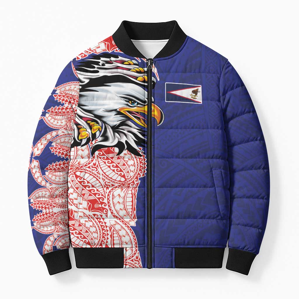 American Samoa Flag Day Bomber Puffer Jacket Tribal Tattoo with Eagle Blue-Red