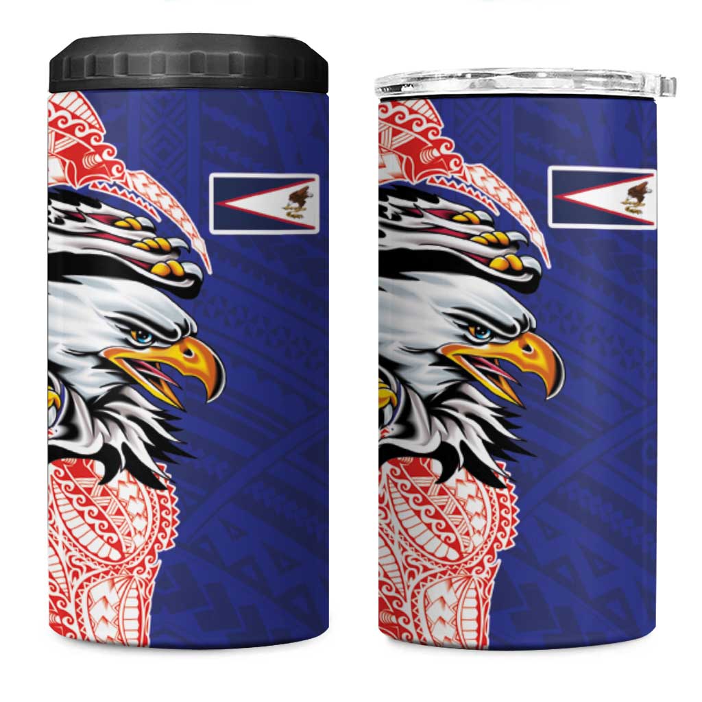 American Samoa Flag Day 4 in 1 Can Cooler Tumbler Tribal Tattoo with Eagle Blue-Red