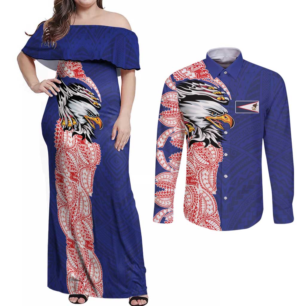 American Samoa Flag Day Couples Matching Off Shoulder Maxi Dress and Long Sleeve Button Shirt Tribal Tattoo with Eagle Blue-Red