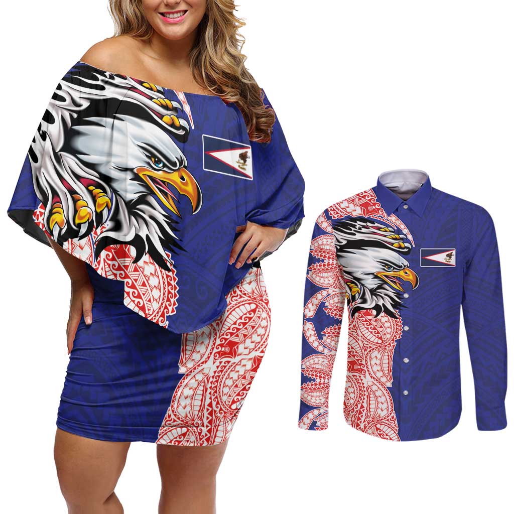 American Samoa Flag Day Couples Matching Off Shoulder Short Dress and Long Sleeve Button Shirt Tribal Tattoo with Eagle Blue-Red