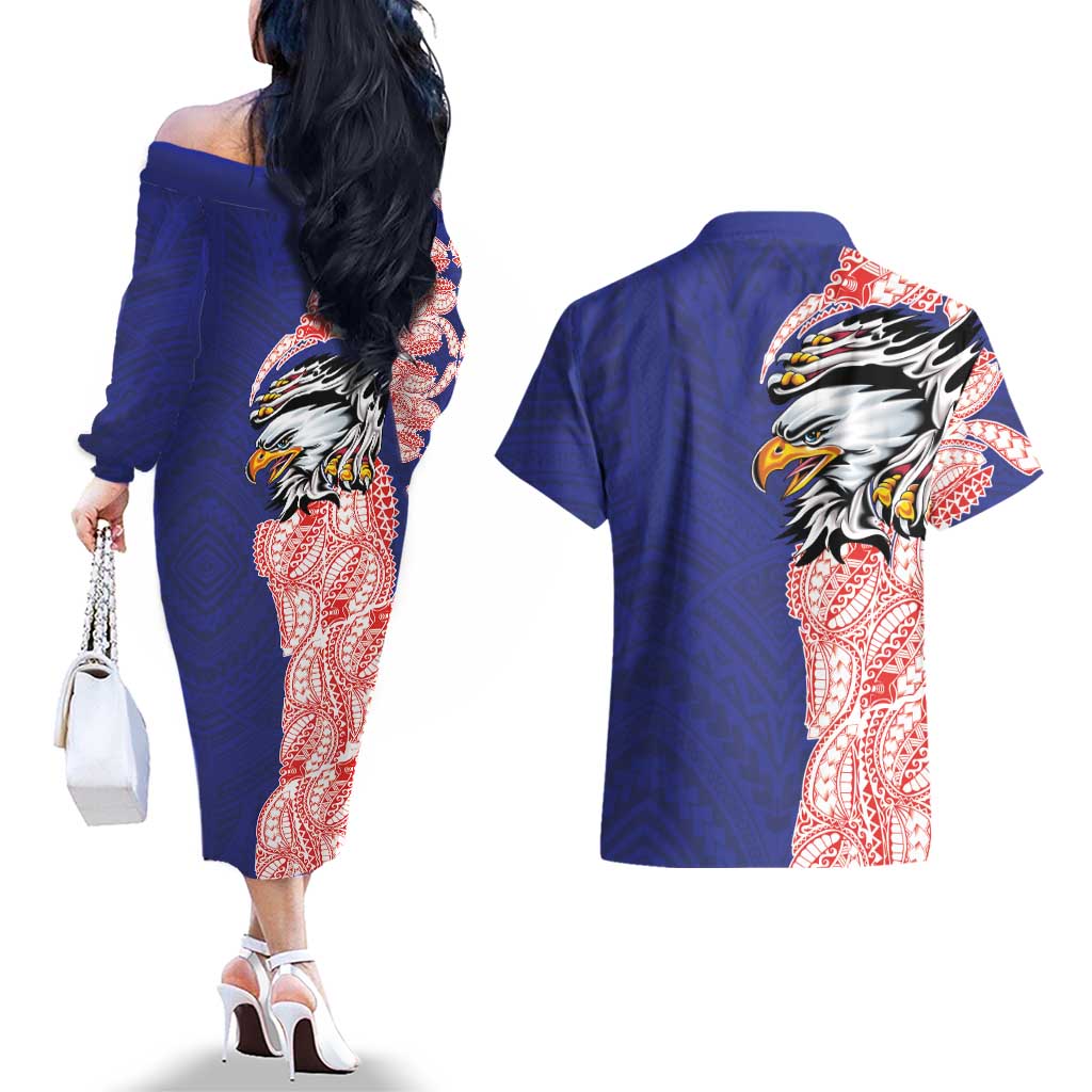 American Samoa Flag Day Couples Matching Off The Shoulder Long Sleeve Dress and Hawaiian Shirt Tribal Tattoo with Eagle Blue-Red