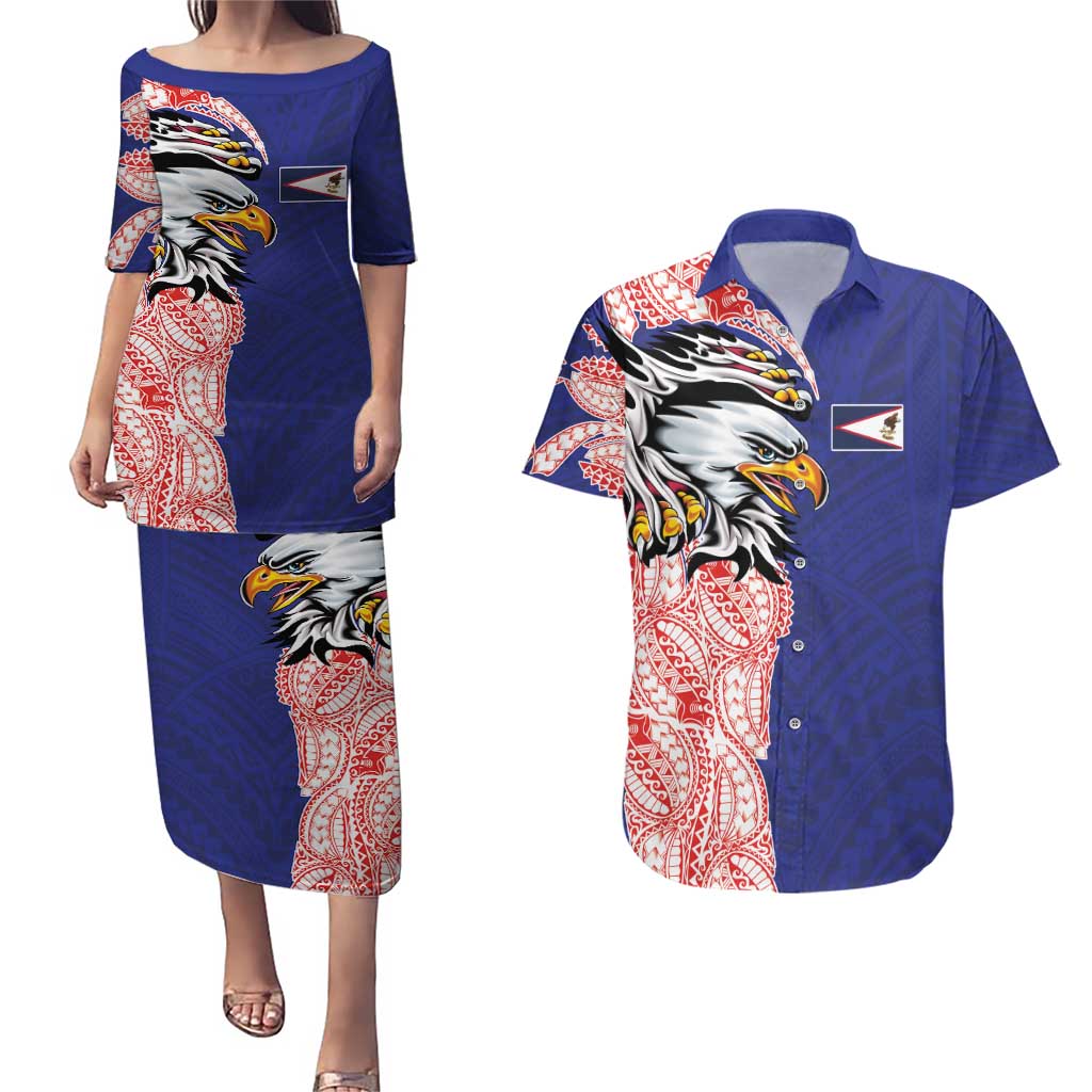 American Samoa Flag Day Couples Matching Puletasi and Hawaiian Shirt Tribal Tattoo with Eagle Blue-Red