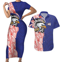 American Samoa Flag Day Couples Matching Short Sleeve Bodycon Dress and Hawaiian Shirt Tribal Tattoo with Eagle Blue-Red