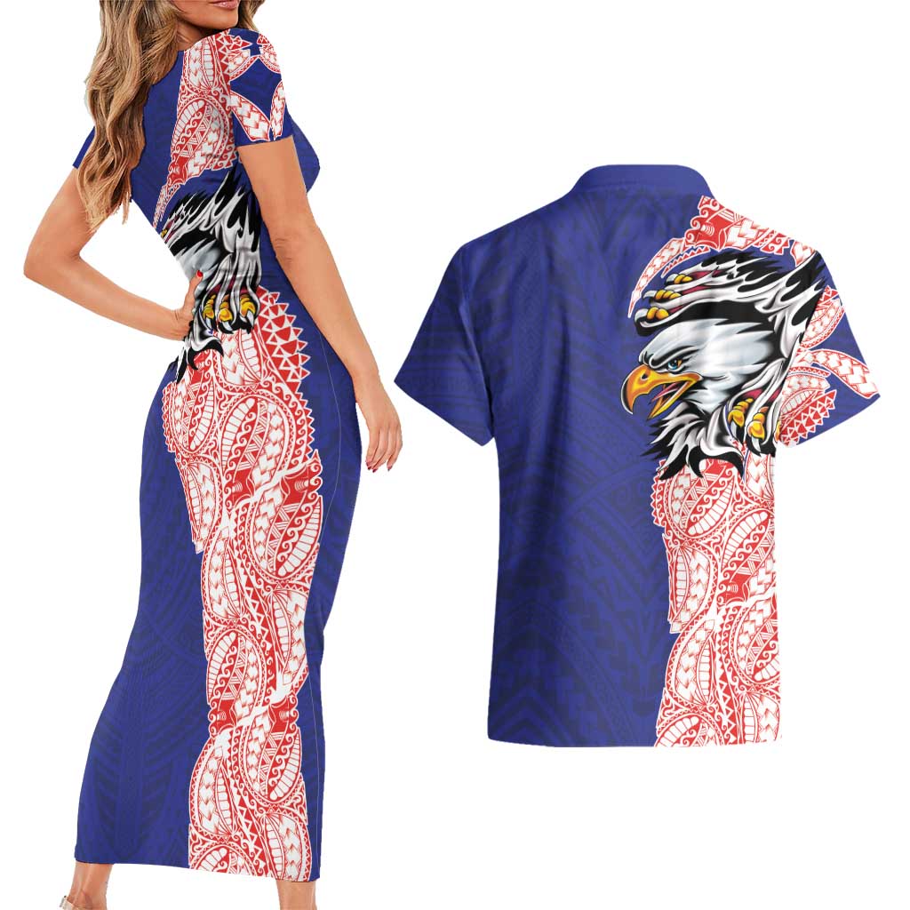American Samoa Flag Day Couples Matching Short Sleeve Bodycon Dress and Hawaiian Shirt Tribal Tattoo with Eagle Blue-Red