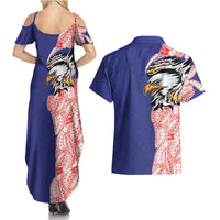 American Samoa Flag Day Couples Matching Summer Maxi Dress and Hawaiian Shirt Tribal Tattoo with Eagle Blue-Red