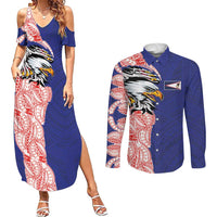 American Samoa Flag Day Couples Matching Summer Maxi Dress and Long Sleeve Button Shirt Tribal Tattoo with Eagle Blue-Red