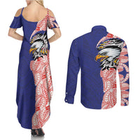 American Samoa Flag Day Couples Matching Summer Maxi Dress and Long Sleeve Button Shirt Tribal Tattoo with Eagle Blue-Red