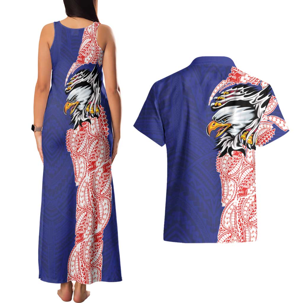 American Samoa Flag Day Couples Matching Tank Maxi Dress and Hawaiian Shirt Tribal Tattoo with Eagle Blue-Red