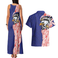 American Samoa Flag Day Couples Matching Tank Maxi Dress and Hawaiian Shirt Tribal Tattoo with Eagle Blue-Red