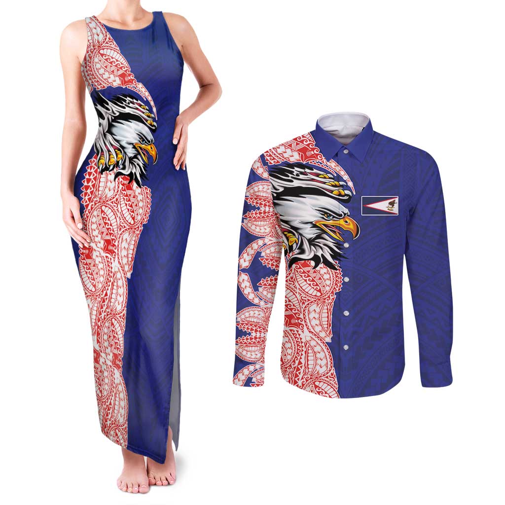 American Samoa Flag Day Couples Matching Tank Maxi Dress and Long Sleeve Button Shirt Tribal Tattoo with Eagle Blue-Red