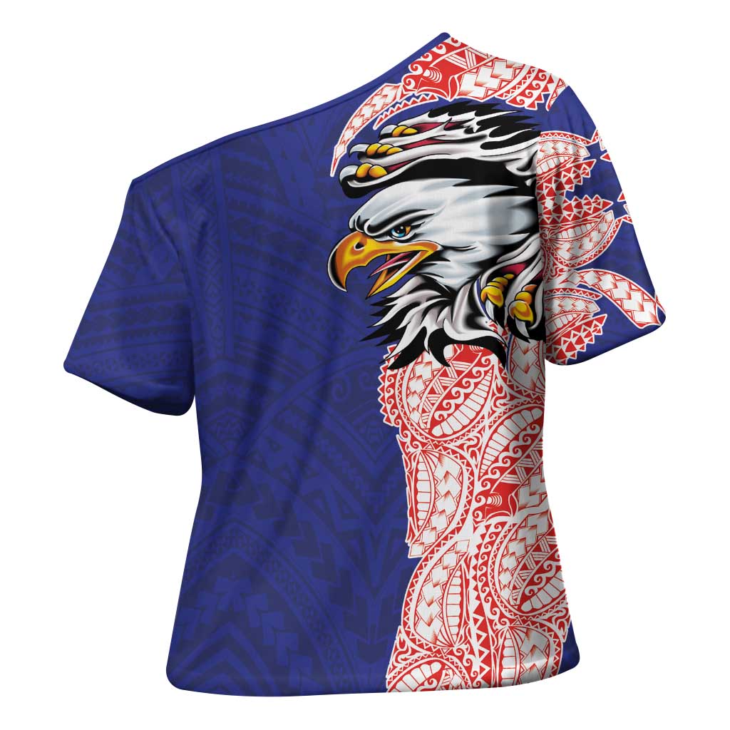 American Samoa Flag Day Cross Shoulder Shirt Tribal Tattoo with Eagle Blue-Red
