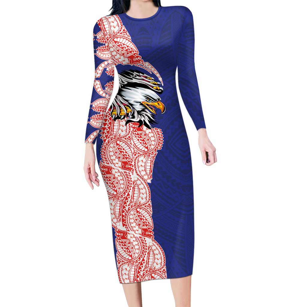 American Samoa Flag Day Family Matching Long Sleeve Bodycon Dress and Hawaiian Shirt Tribal Tattoo with Eagle Blue-Red LT03 Mom's Dress Blue - Polynesian Pride
