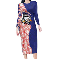 American Samoa Flag Day Family Matching Long Sleeve Bodycon Dress and Hawaiian Shirt Tribal Tattoo with Eagle Blue-Red LT03 Mom's Dress Blue - Polynesian Pride