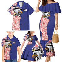 American Samoa Flag Day Family Matching Mermaid Dress and Hawaiian Shirt Tribal Tattoo with Eagle Blue-Red LT03 - Polynesian Pride