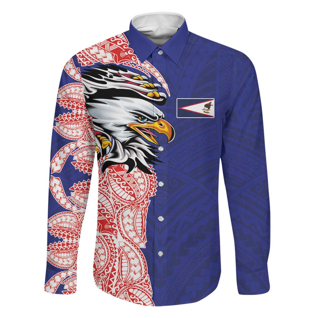 American Samoa Flag Day Family Matching Mermaid Dress and Hawaiian Shirt Tribal Tattoo with Eagle Blue-Red LT03 Dad's Shirt - Long Sleeve Blue - Polynesian Pride