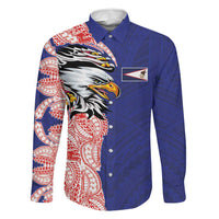 American Samoa Flag Day Family Matching Mermaid Dress and Hawaiian Shirt Tribal Tattoo with Eagle Blue-Red LT03 Dad's Shirt - Long Sleeve Blue - Polynesian Pride