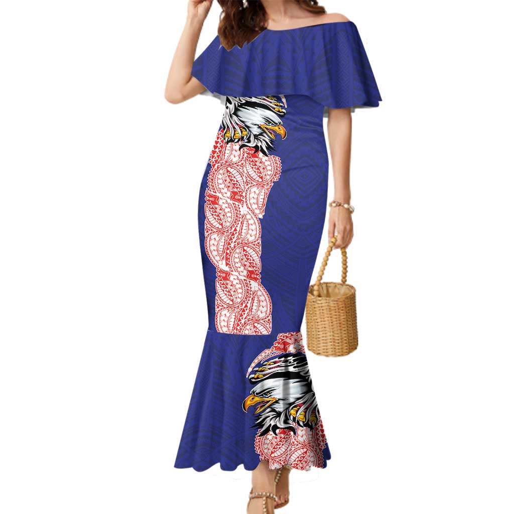 American Samoa Flag Day Family Matching Mermaid Dress and Hawaiian Shirt Tribal Tattoo with Eagle Blue-Red LT03 Mom's Dress Blue - Polynesian Pride